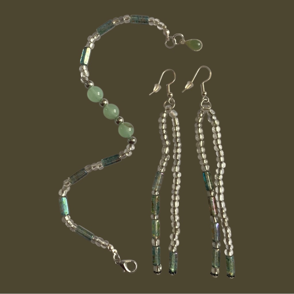 Handmade Green Beaded Bracelet And Dangle Earrings Set